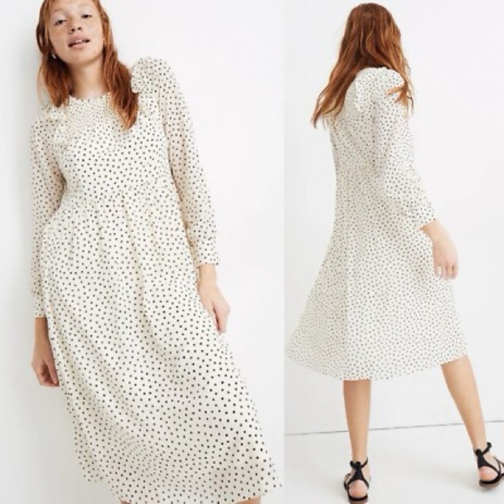 Madewell Smocked Ruffle-Shoulder Midi Dress in Inkbrush Dots, Medium